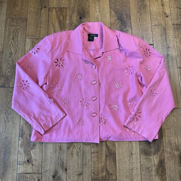 Bala Bala Jackets & Blazers - Bala Bala Womens 100% Silk Blazer Pink Eyelet Flower Sequin Embroidered Women XL
